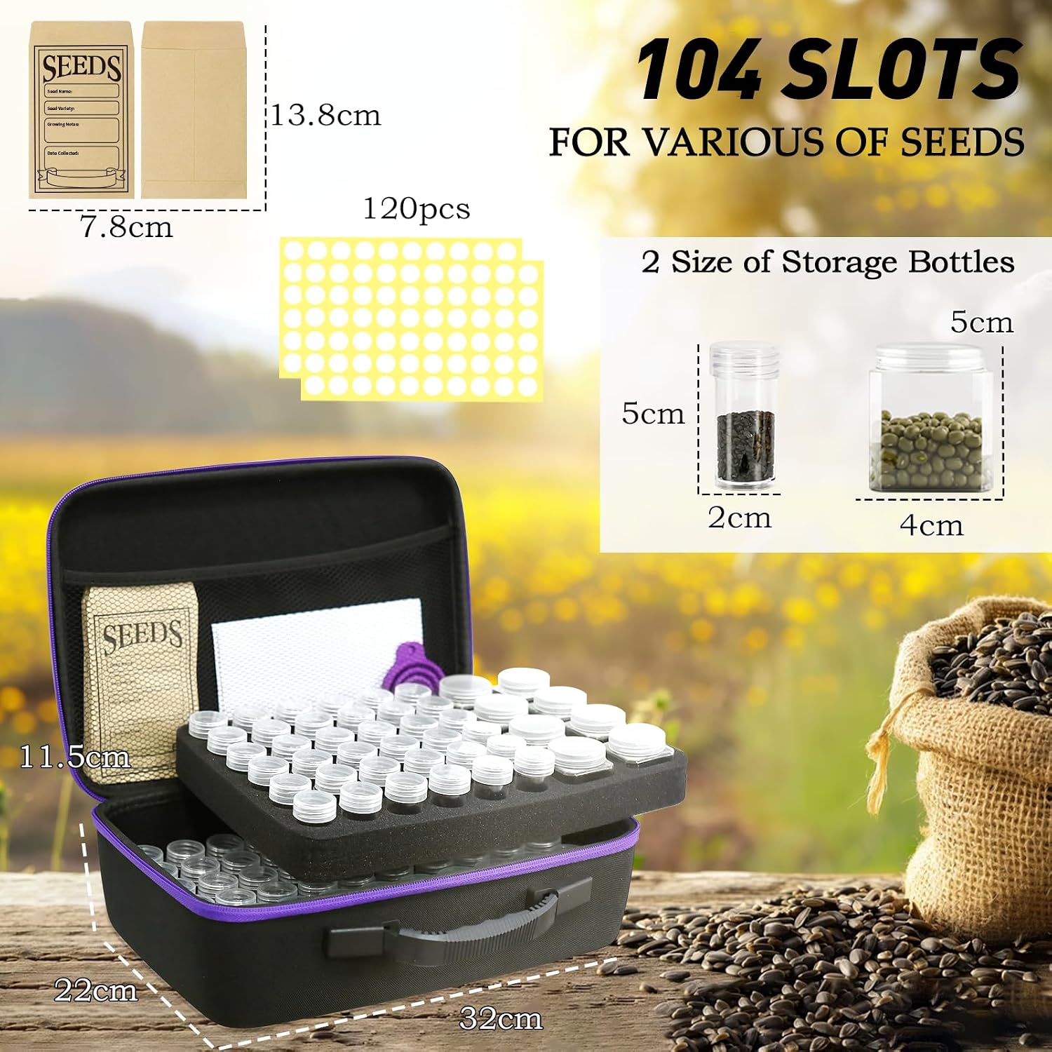 Seed Storage Organizer Box with 104 Bottles & Envelopes | Garden Seed Containers 1 oz 5 oz with Labels, Hard Shell Seed