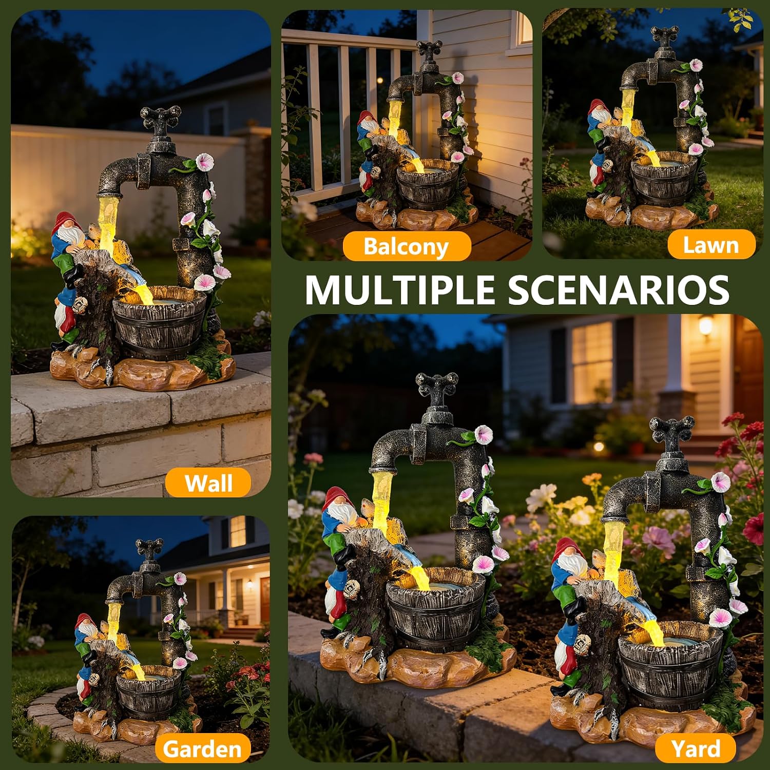 Solar Garden Gnomes Lights Outdoor Statues Yard Decorations Gifts for Mom | 10" Resin Fountain Figurine Lights,IP65