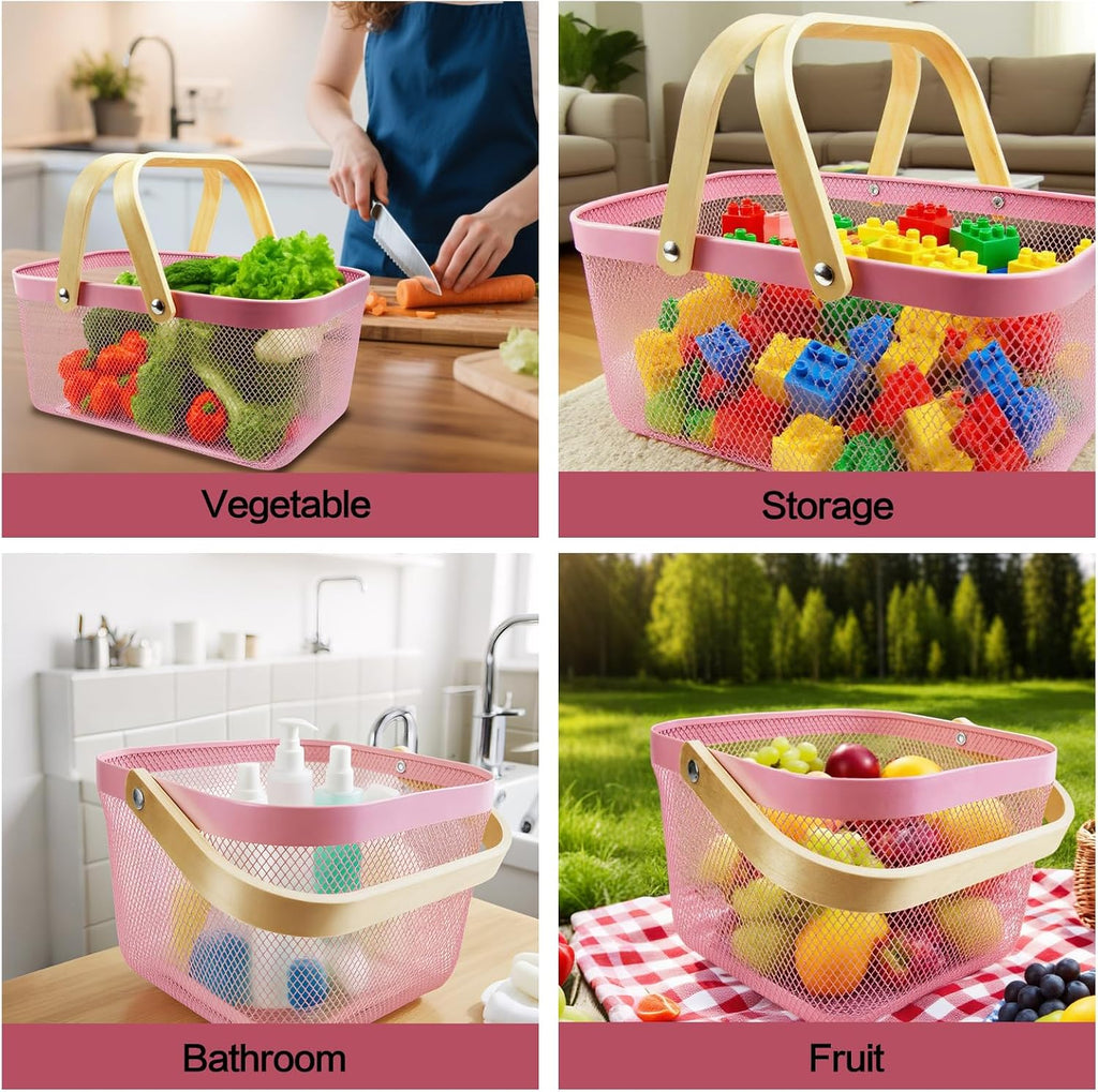 Cheardia 2 Pack Picnic Baskets, Metal Mesh Harvest Basket with Foldable Wooden Handle, Rectangle Garden Storage Basket