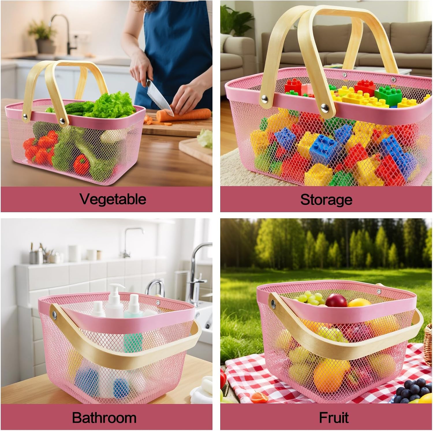 Cheardia 2 Pack Picnic Baskets, Metal Mesh Harvest Basket with Foldable Wooden Handle, Rectangle Garden Storage Basket