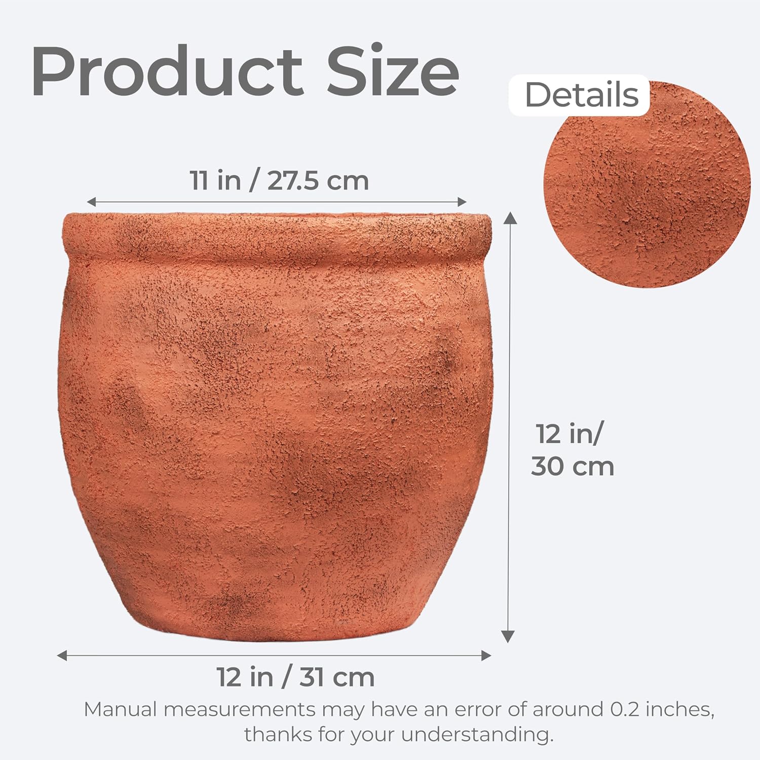 12" Dia Fiberstone Planter – Distressed Terracotta Flower Pot with Textured Matte Finish & Drainage Hole, Rustic Indoor