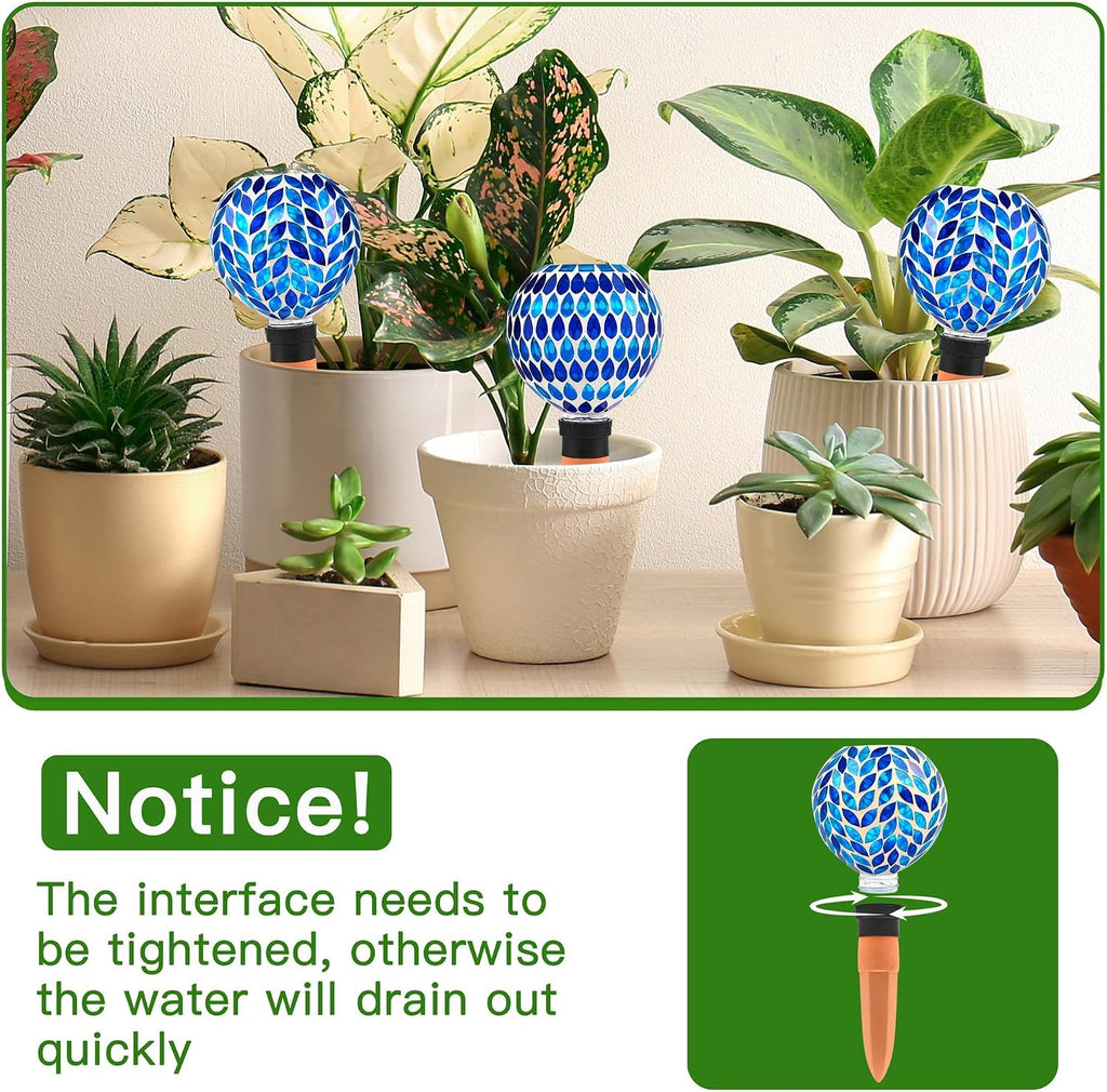 VOREEN Blue Mosaic Self Watering Globes 2 Pack, 500ml Handmade Glass Terracotta Plant Spikes, Automatic Self Watering