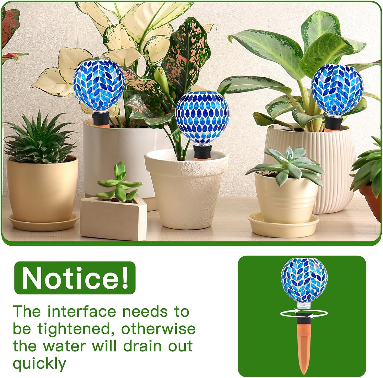 VOREEN Blue Mosaic Self Watering Globes 2 Pack, 500ml Handmade Glass Terracotta Plant Spikes, Automatic Self Watering