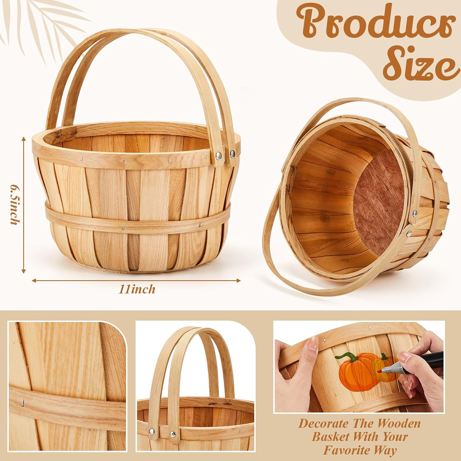Marsui 10 Pcs Large Wooden Apple Basket 11 x 6.5'' Round Wicker Bushel Baskets with Handle, Farmers Market Basket for