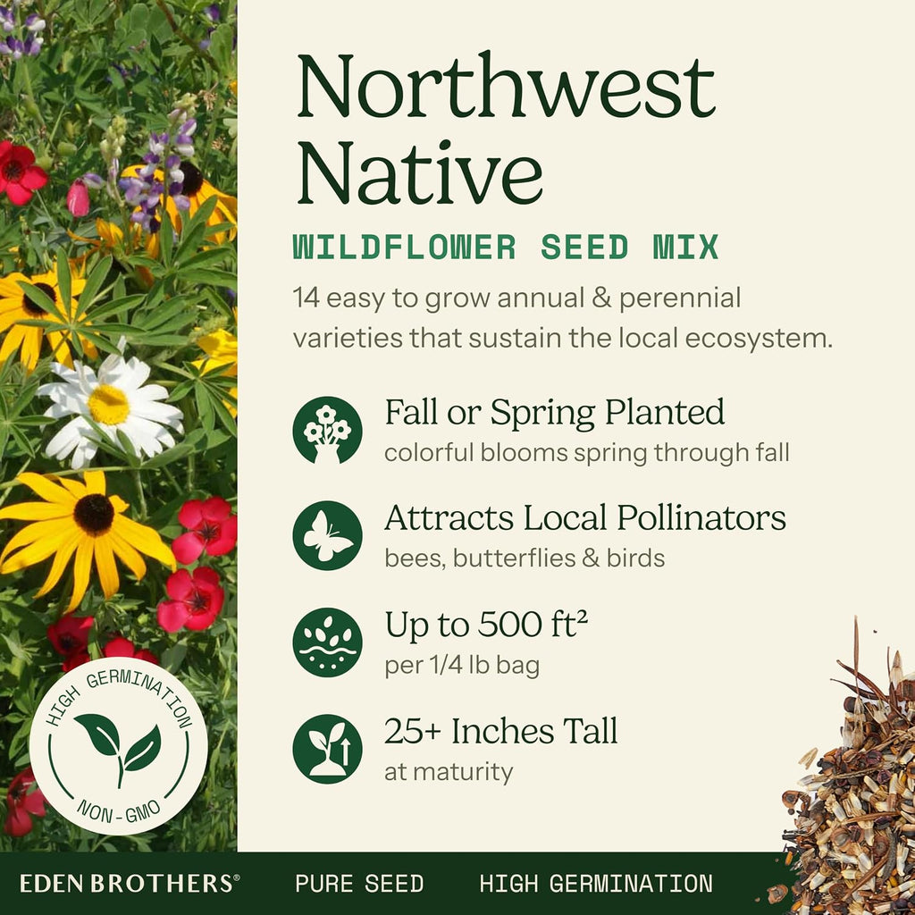 Eden Brothers Native Pacific Northwest Wildflower Seed Mix, 1/4lb,14 Pacific NW Wild Flower Seed Varieties, 100% Pure