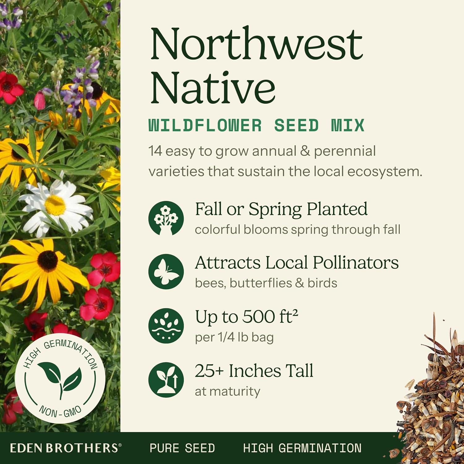 Eden Brothers Native Pacific Northwest Wildflower Seed Mix, 1/4lb,14 Pacific NW Wild Flower Seed Varieties, 100% Pure