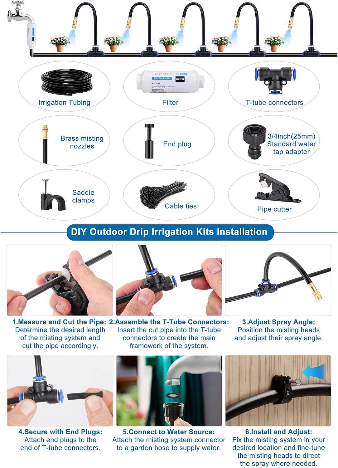Drip Irrigation Kits Auto Garden Irrigation System Calcium Inhibitor Filter | Includes 66FT 5/16 inch Irrigation Tubing