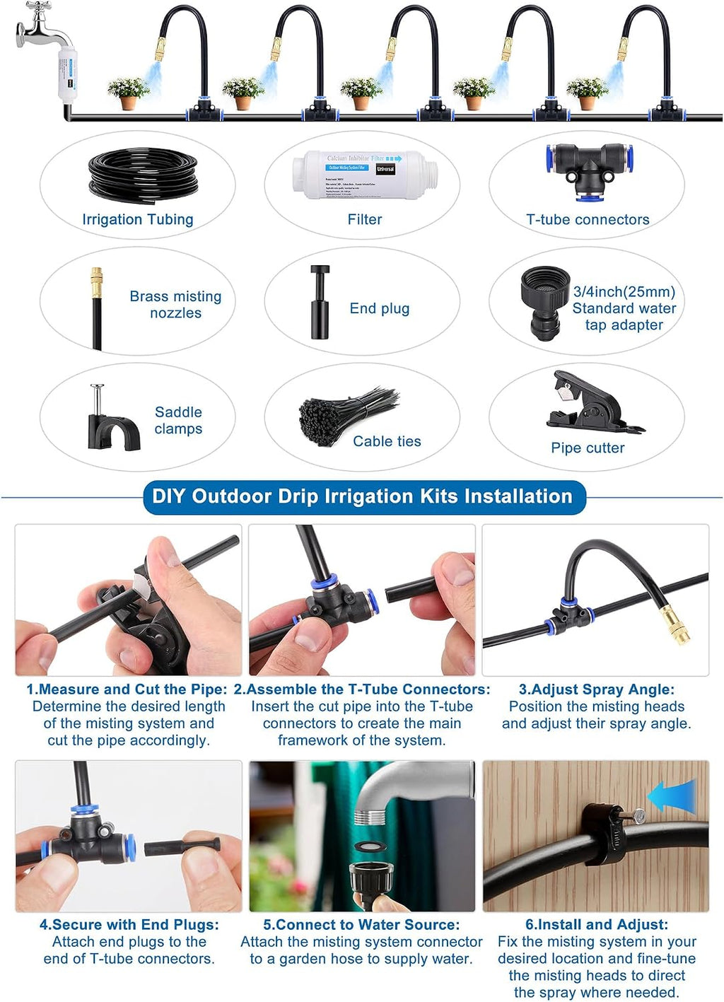 Drip Irrigation Kits Auto Garden Irrigation System Calcium Inhibitor Filter | Includes 50FT 5/16 inch Irrigation Tubing