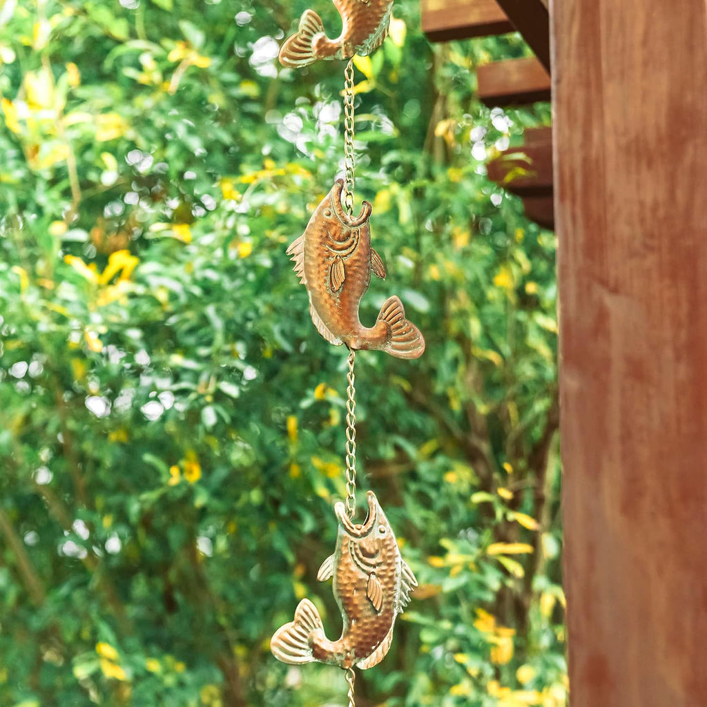 Glitzhome 8.5 FT Fish Shaped Rain Chains, Faux Copper Patina Finish Rain Chains for Gutters with 9 Fish, Adjustable