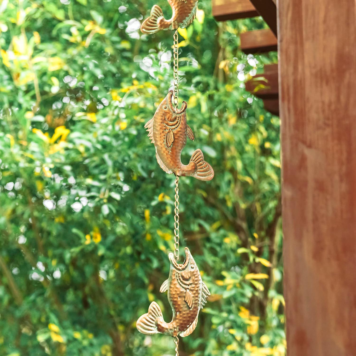 Glitzhome 8.5 FT Fish Shaped Rain Chains, Faux Copper Patina Finish Rain Chains for Gutters with 9 Fish, Adjustable