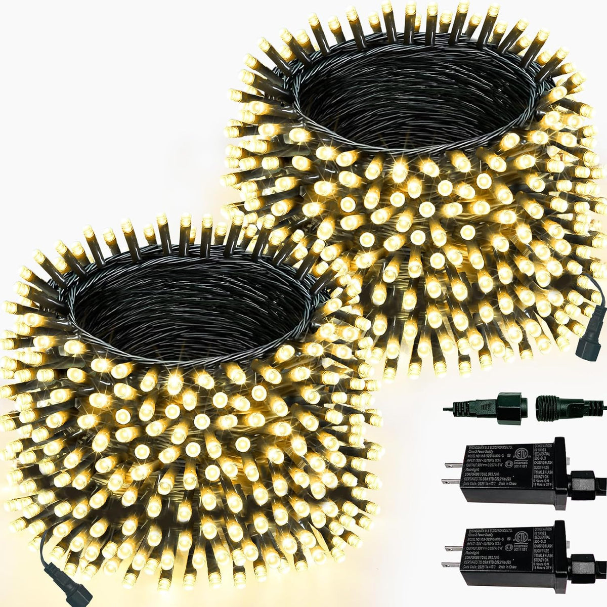 2 Pack Extendable 600 LED Christmas String Lights Indoor Outdoor Warm White
