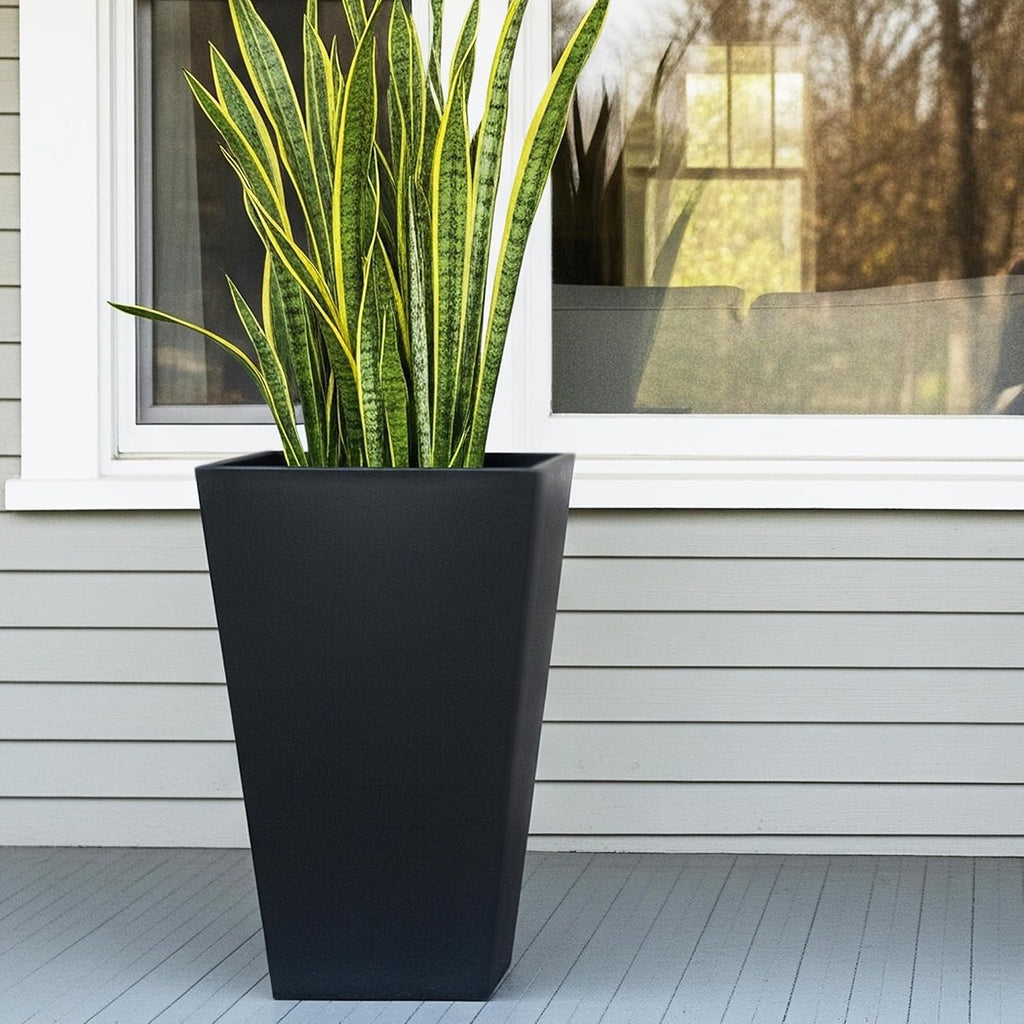 Worth Garden 20" Tall Planters Set of 2 – Large Black Tapered Plastic Flower Pots for Indoor & Outdoor Use – Modern