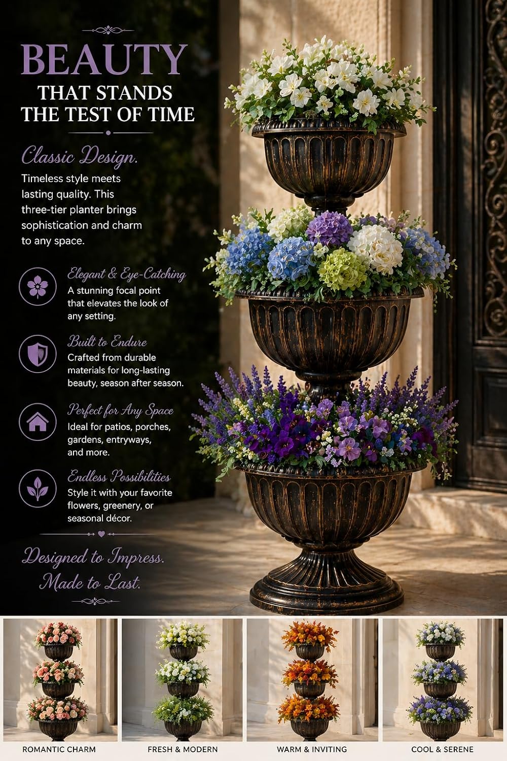Outdoor Garden Triple Stacked Flower Bowl Urn Tier Planter Decoration, Bronze