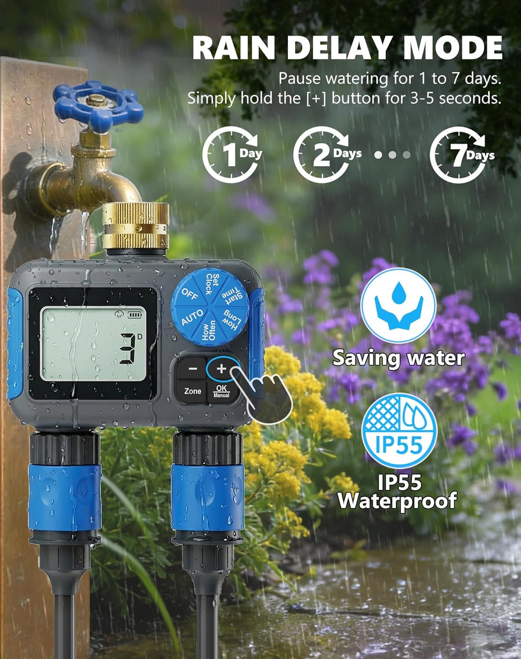 Sprinkler Timer with Brass Swivel, Hose Timers for Watering | Digital Irrigation Timer with Rain Delay & Manual Mode