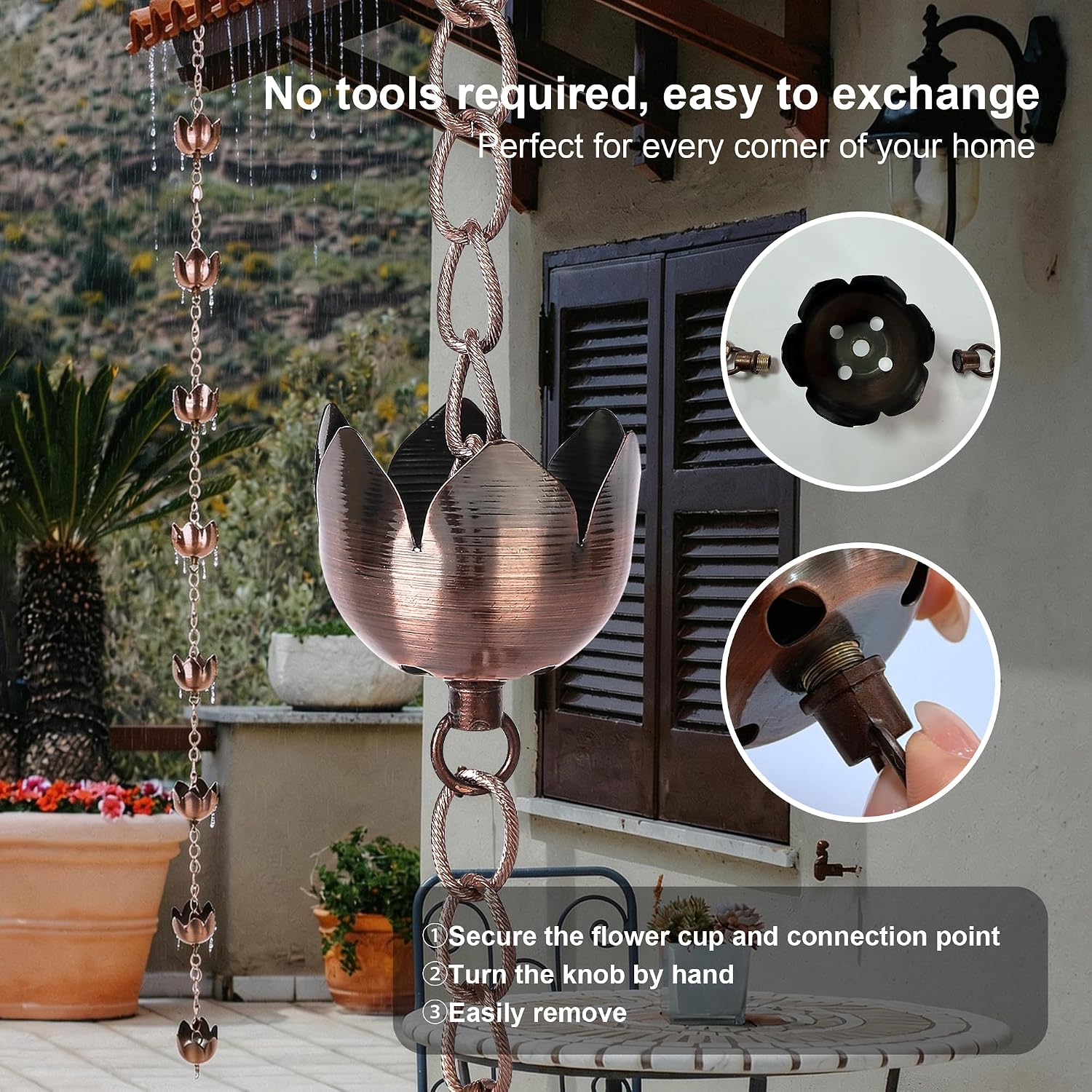 6FT Lotus Rain Chain, Metal Rain Chains for Gutters with 8 Cups | Adjustable Rainwater Catcher Chain for Outside, Rain