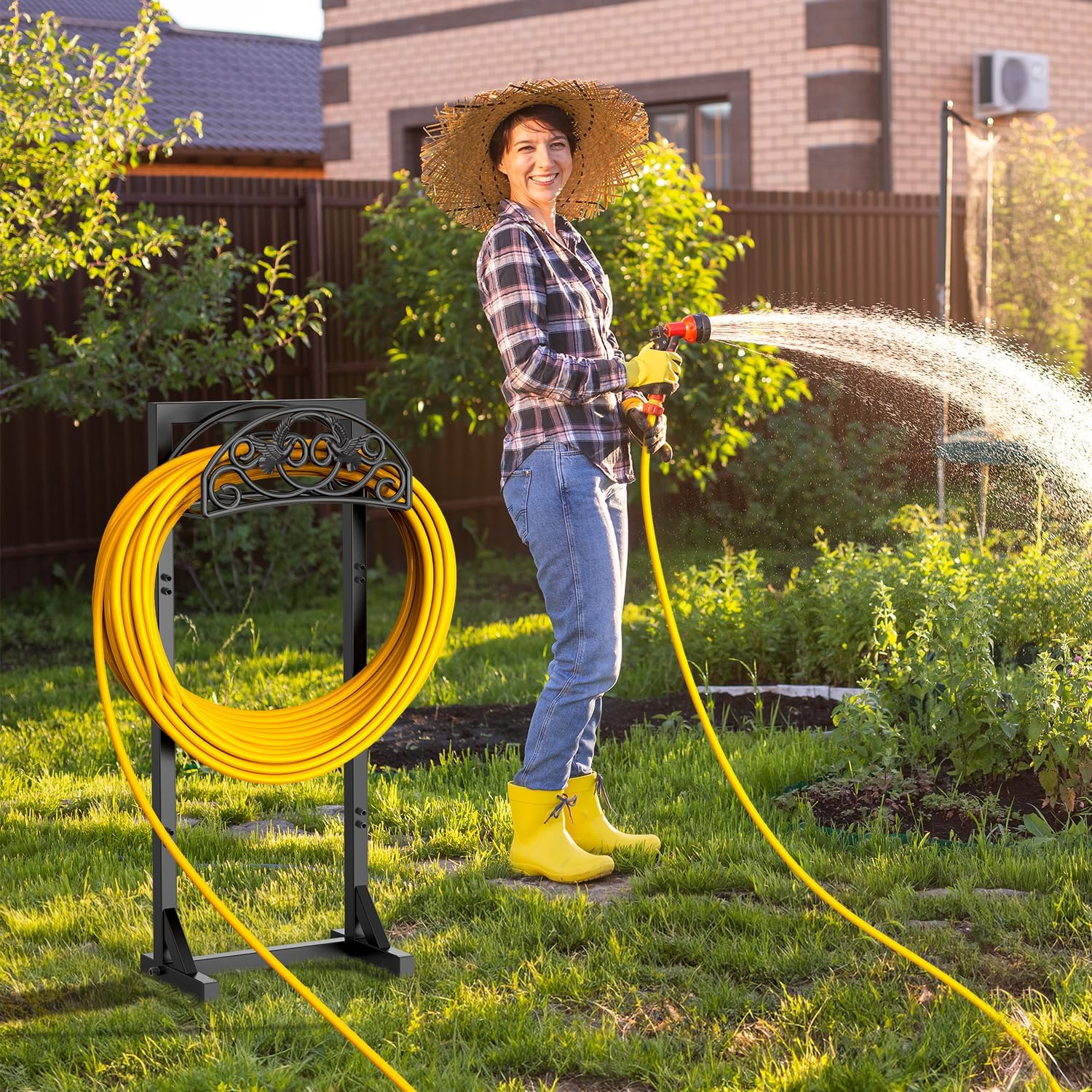 Pattiumo Garden Hose Holder Stand, Heavy Duty Freestanding Metal Hose Holder with 4 Spikes, Hose Reel Alternative Holds