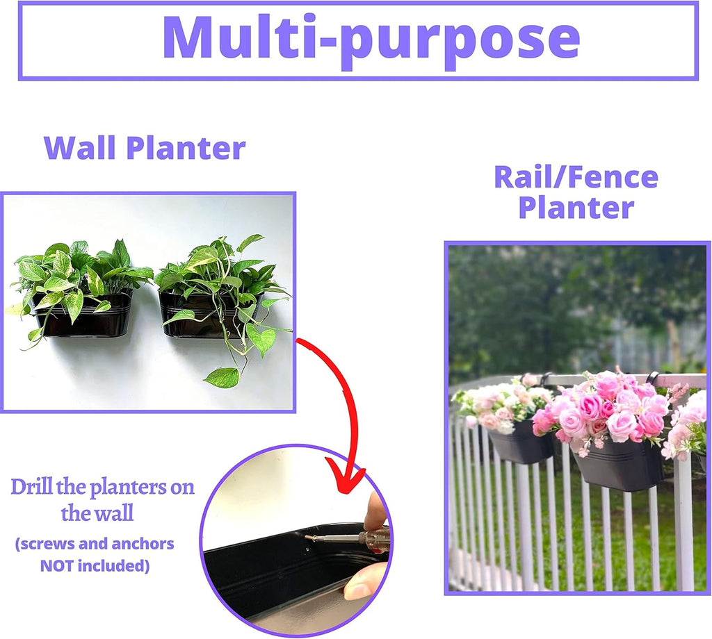 LaLaGreen Outdoor Rail Planter (11.8 Inch, 6 Pack) Black Metal Iron Hanging Flower Pots Deck Railings Fence Buckets