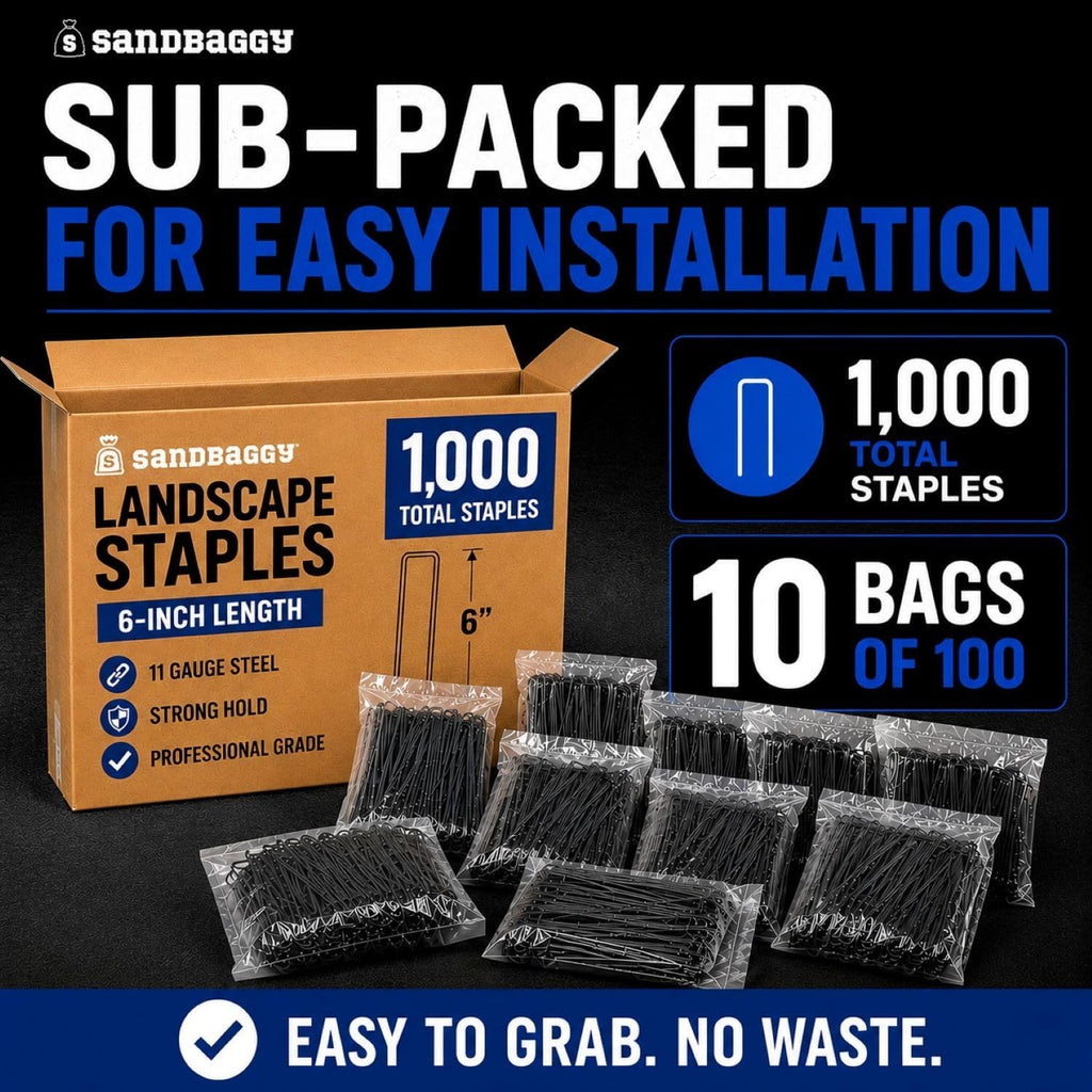 Sandbaggy 6 Inch Landscape Staples, 1,000 Pack 11 Gauge Heavy Duty Steel Garden Staples, Square Top U Pins for Weed