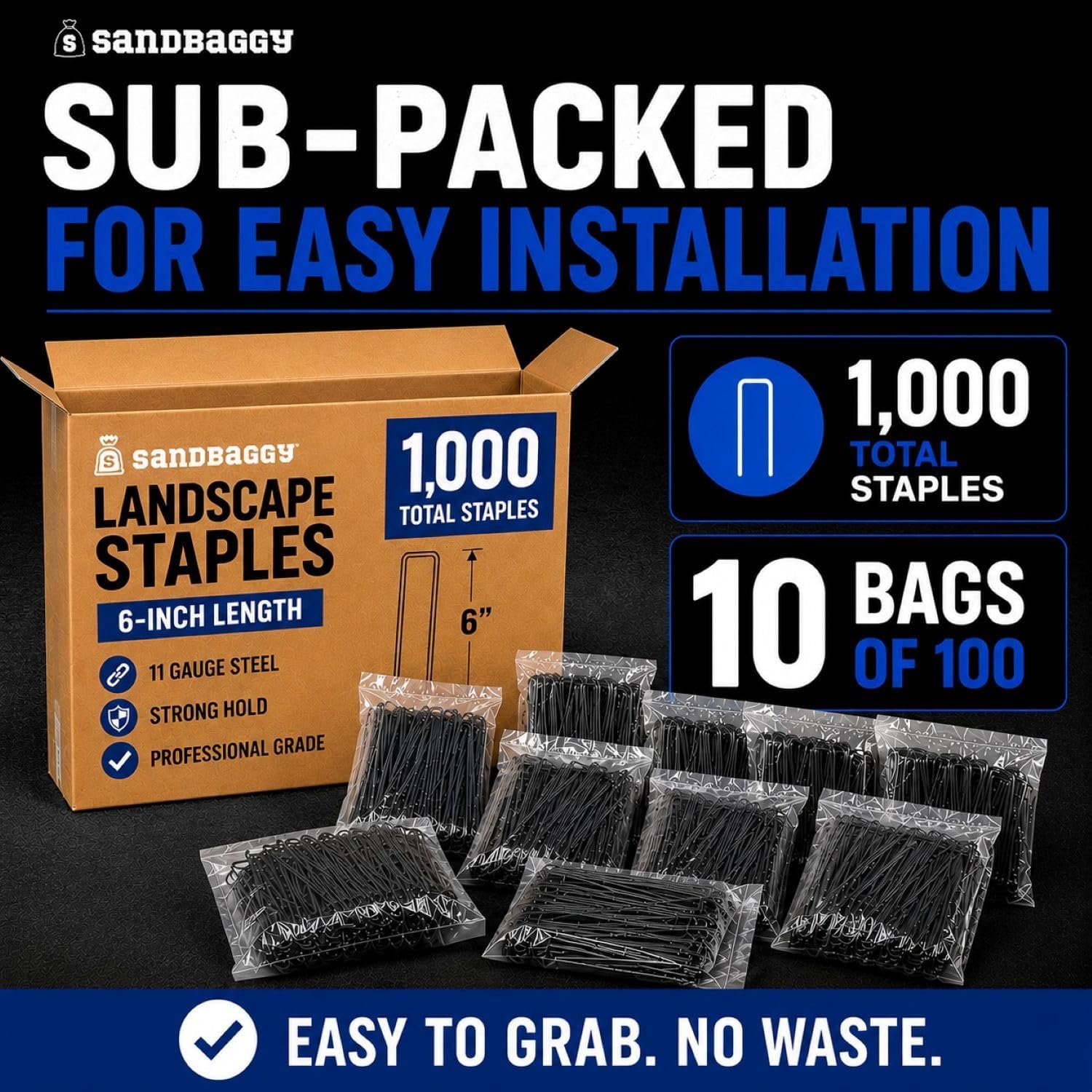 Sandbaggy 6 Inch Landscape Staples, 1,000 Pack 11 Gauge Heavy Duty Steel Garden Staples, Square Top U Pins for Weed