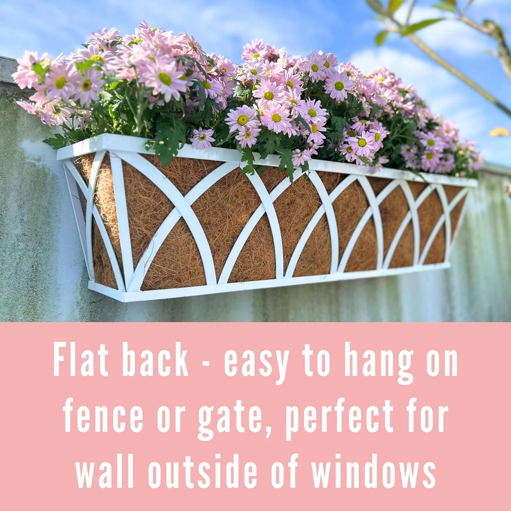 LaLaGreen Deck Railing Planter Outdoor (2 Pack, 30") Rectangular Window Flower Box with Coco Liner, White Metal Wall