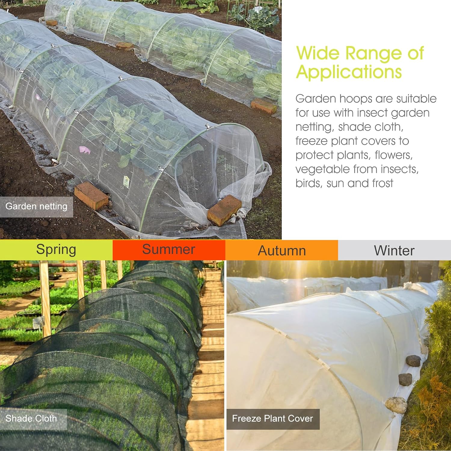 RIFNY 72 PCS Garden Hoops for Raised Beds, Greenhouse Hoops for Row Cover | Long Grow Tunnel, Rust-Free Fiberglass