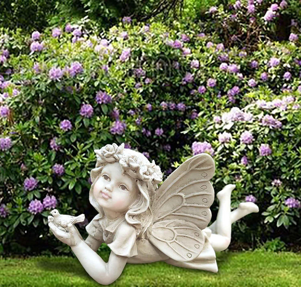 Fairy Garden Decor, Angel Holding a Bird Garden Statues for Outside | Resin Fairies for Fairy Garden, Cute Yard