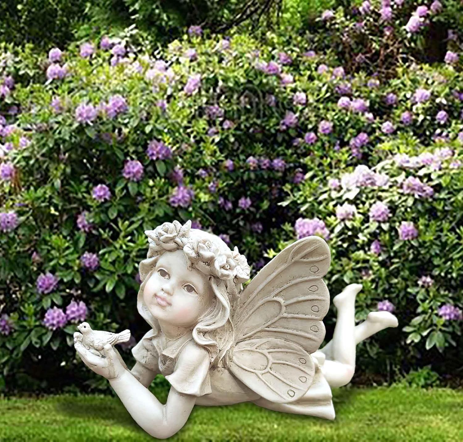 Fairy Garden Decor, Angel Holding a Bird Garden Statues for Outside | Resin Fairies for Fairy Garden, Cute Yard
