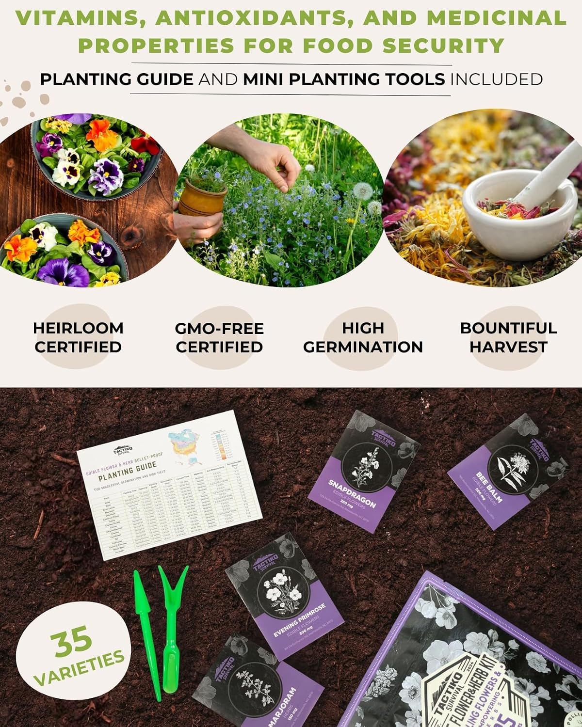Tactiko Edible Flowers & Popular Herb Seed Kit | 35 Varieties | Non-GMO