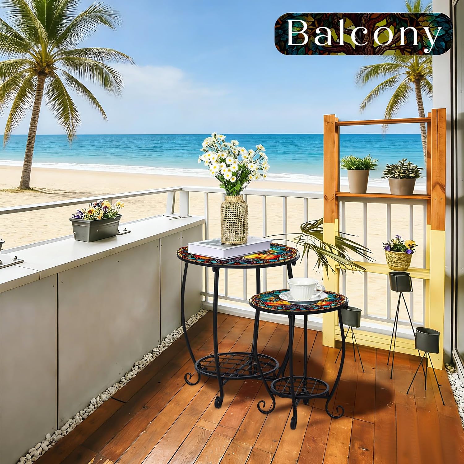 Cinnvoice 2 Outdoor Side Table Small Patio End Table, 12",16", Tree | Mosaic, Outdoor Side Table, Accent, Indoor