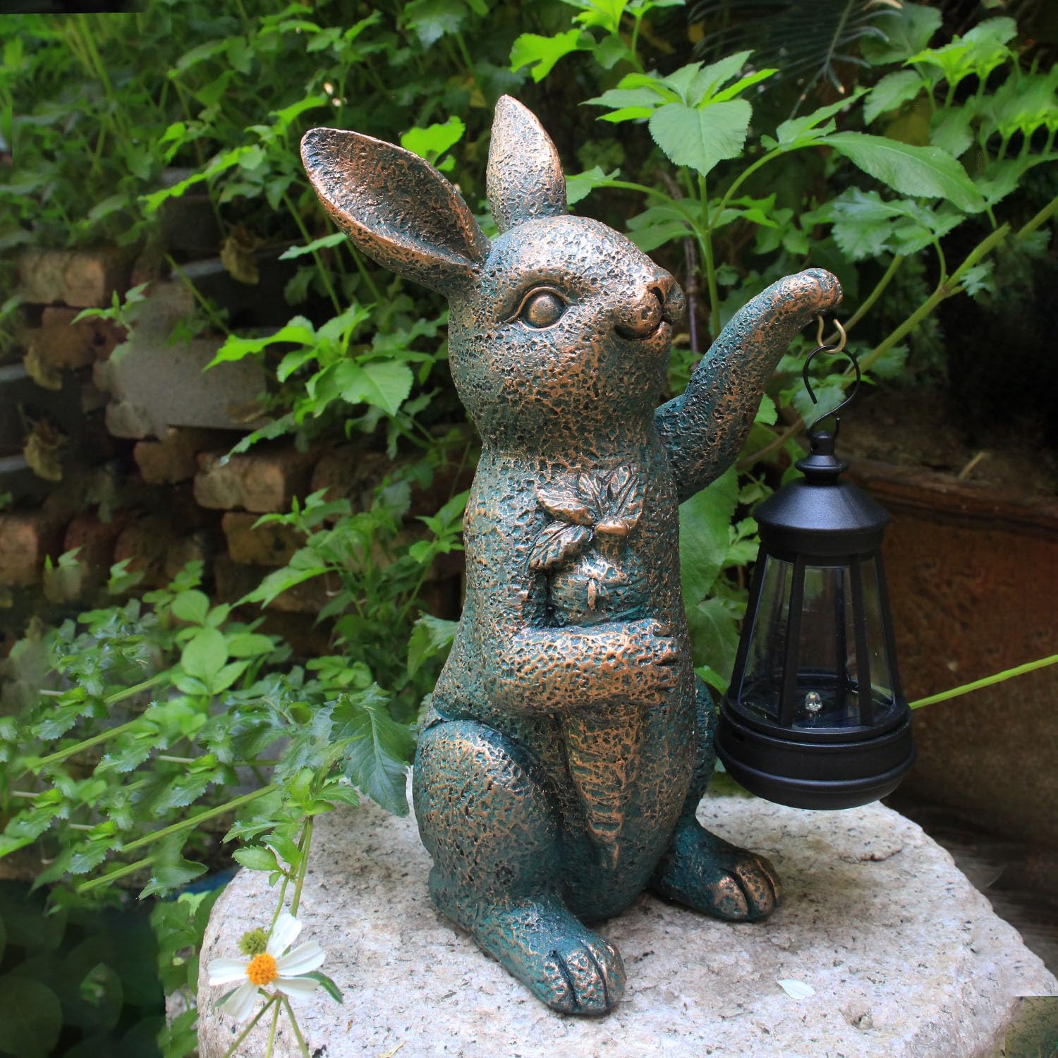 Solar Garden Statues -Rabbit Lantern Outdoor Handmade Resin Statue with LED Light, Cute Carrot Holder for Patio, Yard