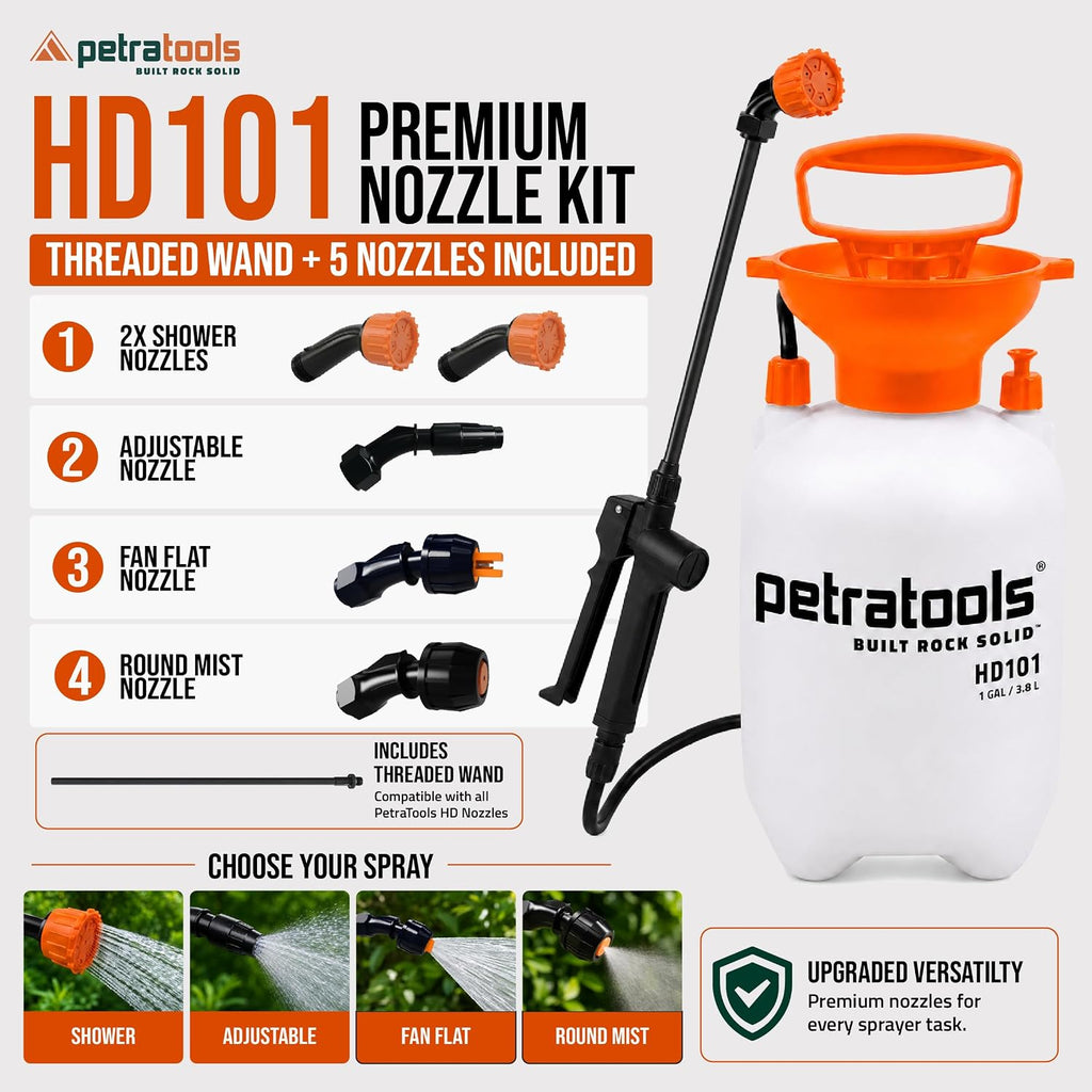 PetraTools HD101 Pro Kit - Pump Sprayer 1 Gallon, 52-in Hose & 5 Nozzles | 1 Gal Weed Sprayer w/ Easy Carry Handle &