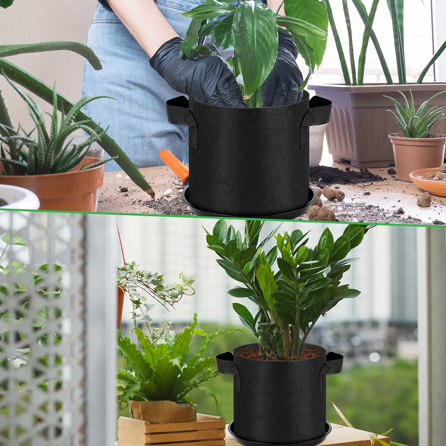 Funnymoom 24 Sets 2 Gallon Grow Bag with Plant Saucers, Durable Aeration Fabric Pots with Handles Black Drainage