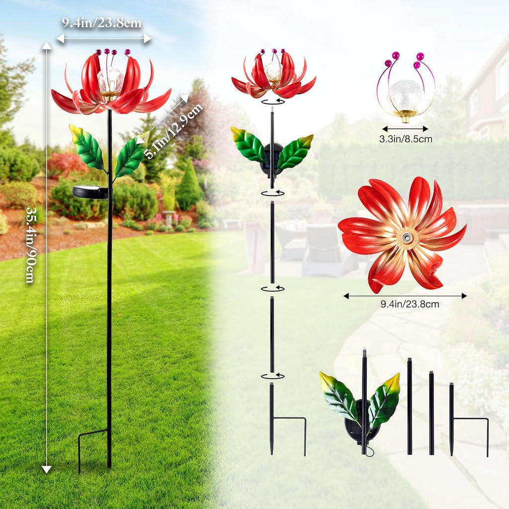 Solar Lights Outdoor Wind Spinners, Metal Lotus Flower Garden Decor with Waterproof LED Crackle Glass Globe for Patio