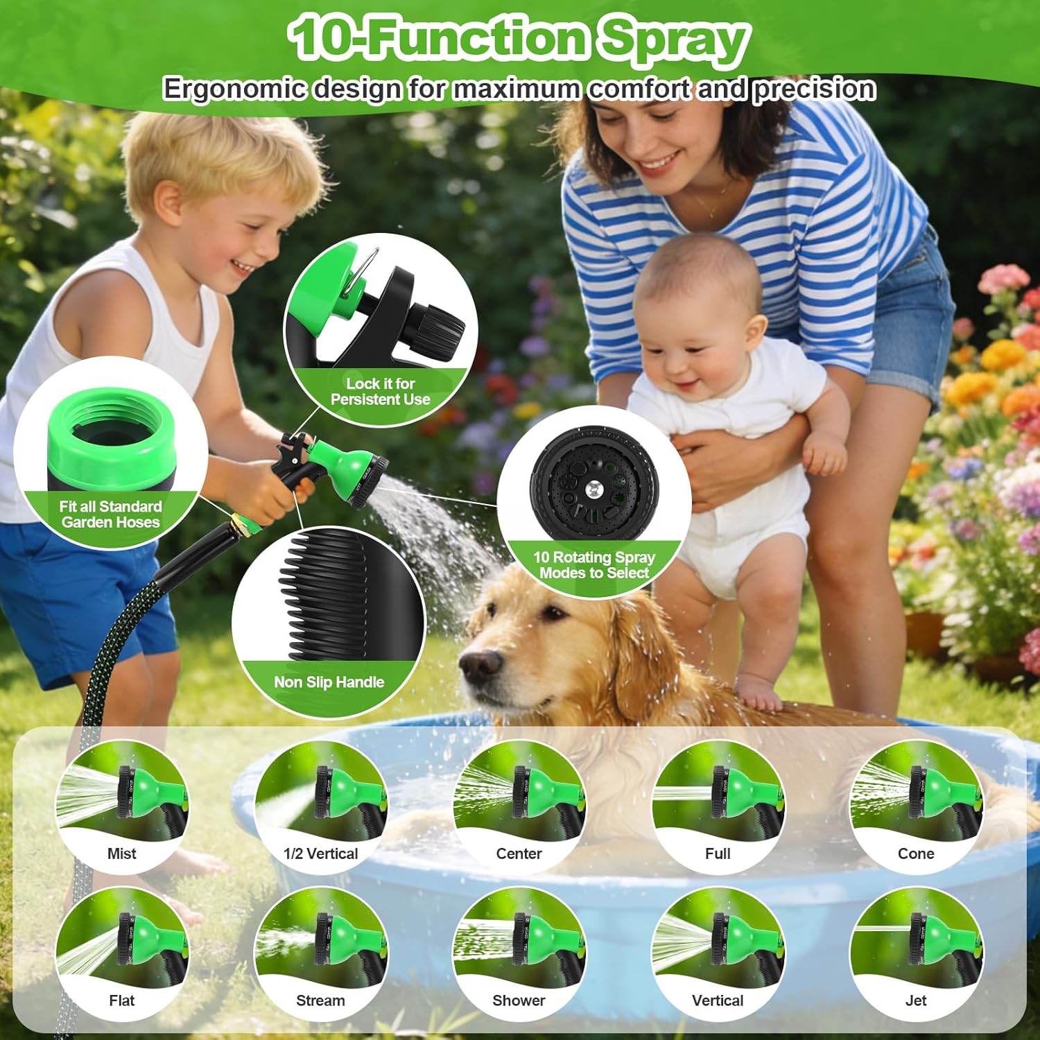 Garden Hose 50ft, Non-Expanding Water Hose with 10 Function Nozzle | Lightweight, Kink Free, Sturdy, Leak-Proof