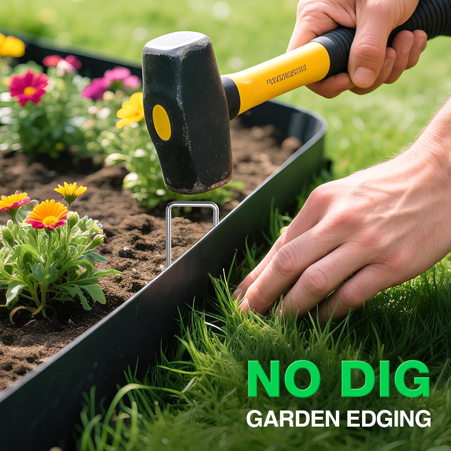 MIXC Garden Edging Border, 33FT 2 Inch Tall Plastic Landscape Edging with 50 U-Shaped Metal Stakes, More Stable and