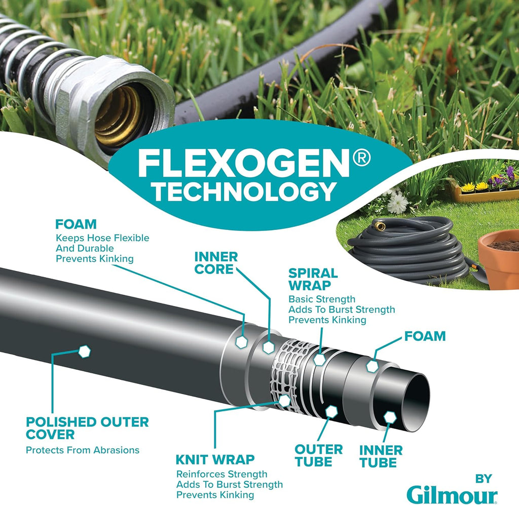 Gilmour Flexogen 5/8 in x 25 ft Garden Hose, Heavy Duty Water Hose, Flexible and Kink Resistant Outdoor Hose | 8-layer