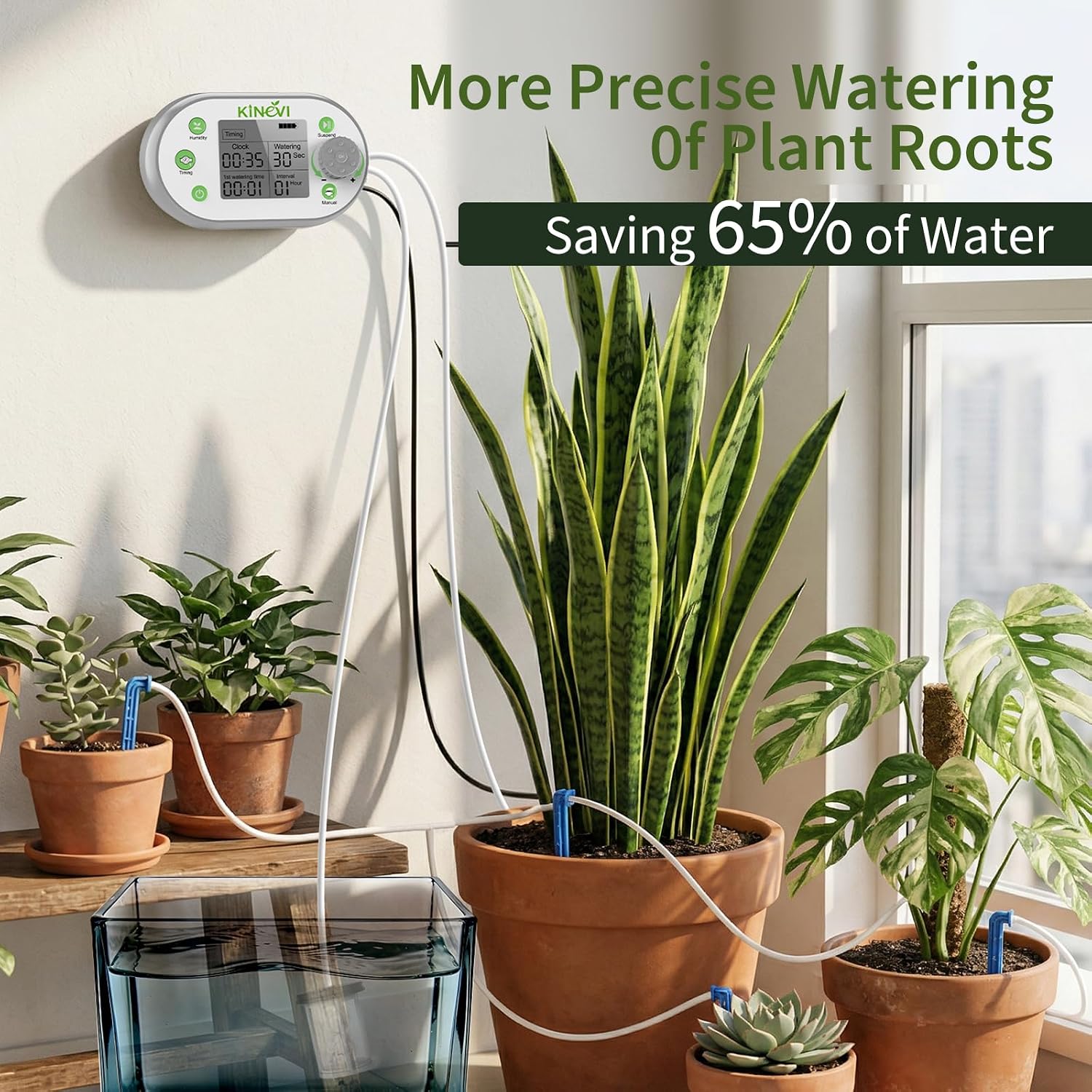 Automatic Plant Waterer for 15 Pots, Indoor Drip Irrigation Kit | Programmable Water Timer with Smart Humidity Sensor