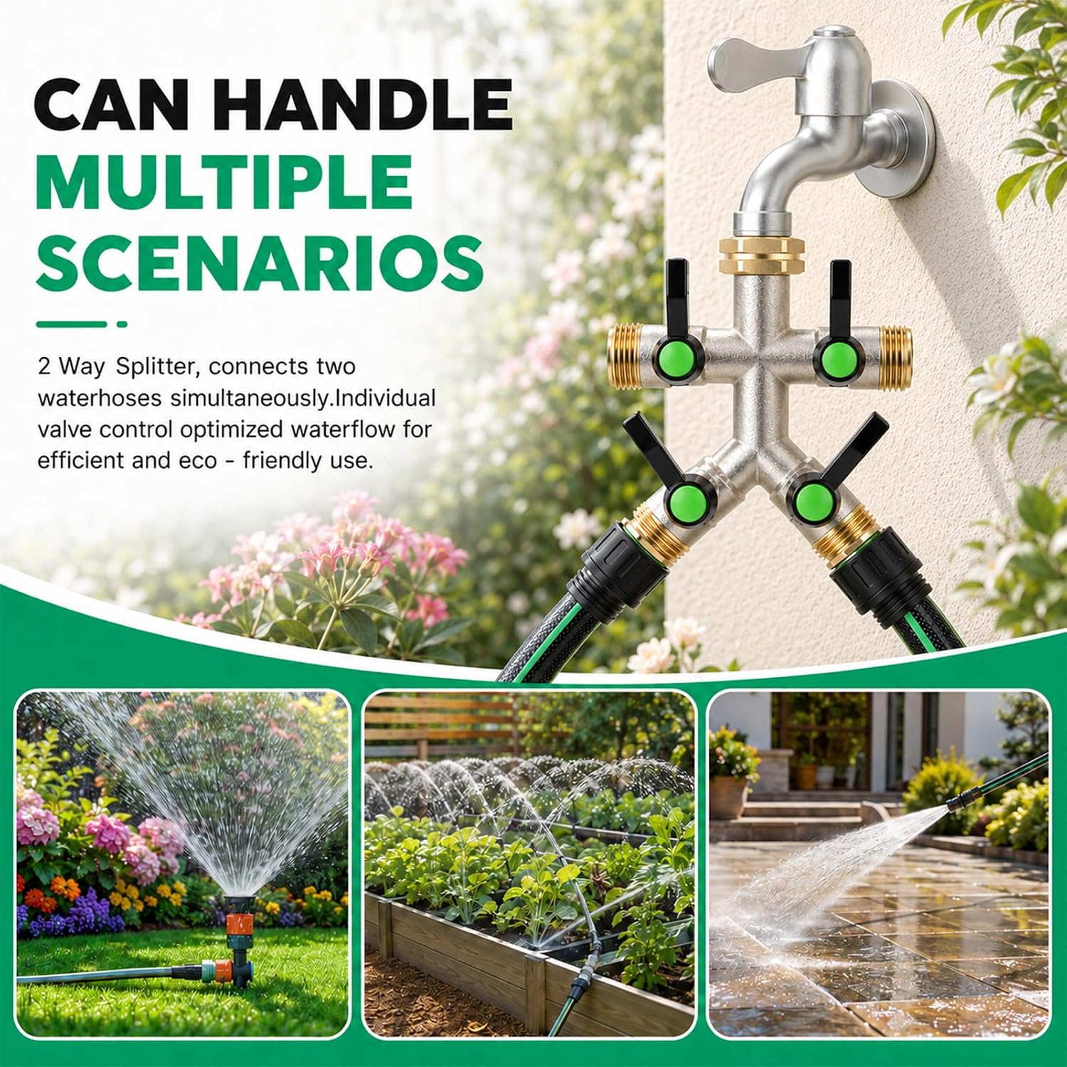 4 Way Hose Splitter, Heavy Duty Brass Garden Hose Connector, 3/4" GHT Water Spigot Splitter with 4 Shutoff Valves, High