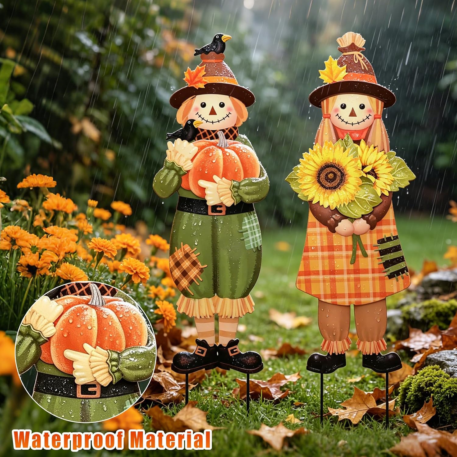 Fall Scarecrow Garden Yard Stake Set of 2,Thanksgiving Outdoor Decor | Weatherproof, Rustic Metal Stake, Fall Harvest