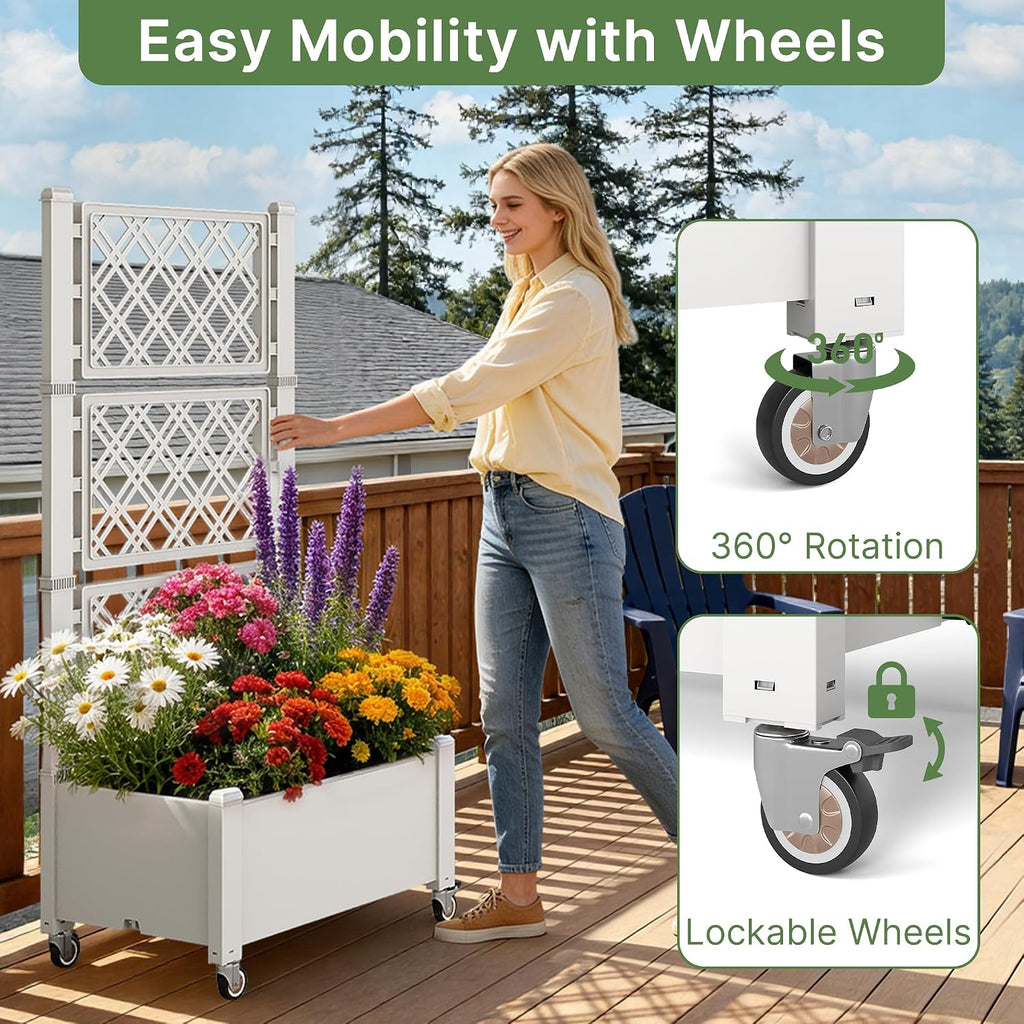Miory 60" Raised Garden Bed with Trellis & Wheels, Vertical Gardening Planter Box with Water Level Indicator and