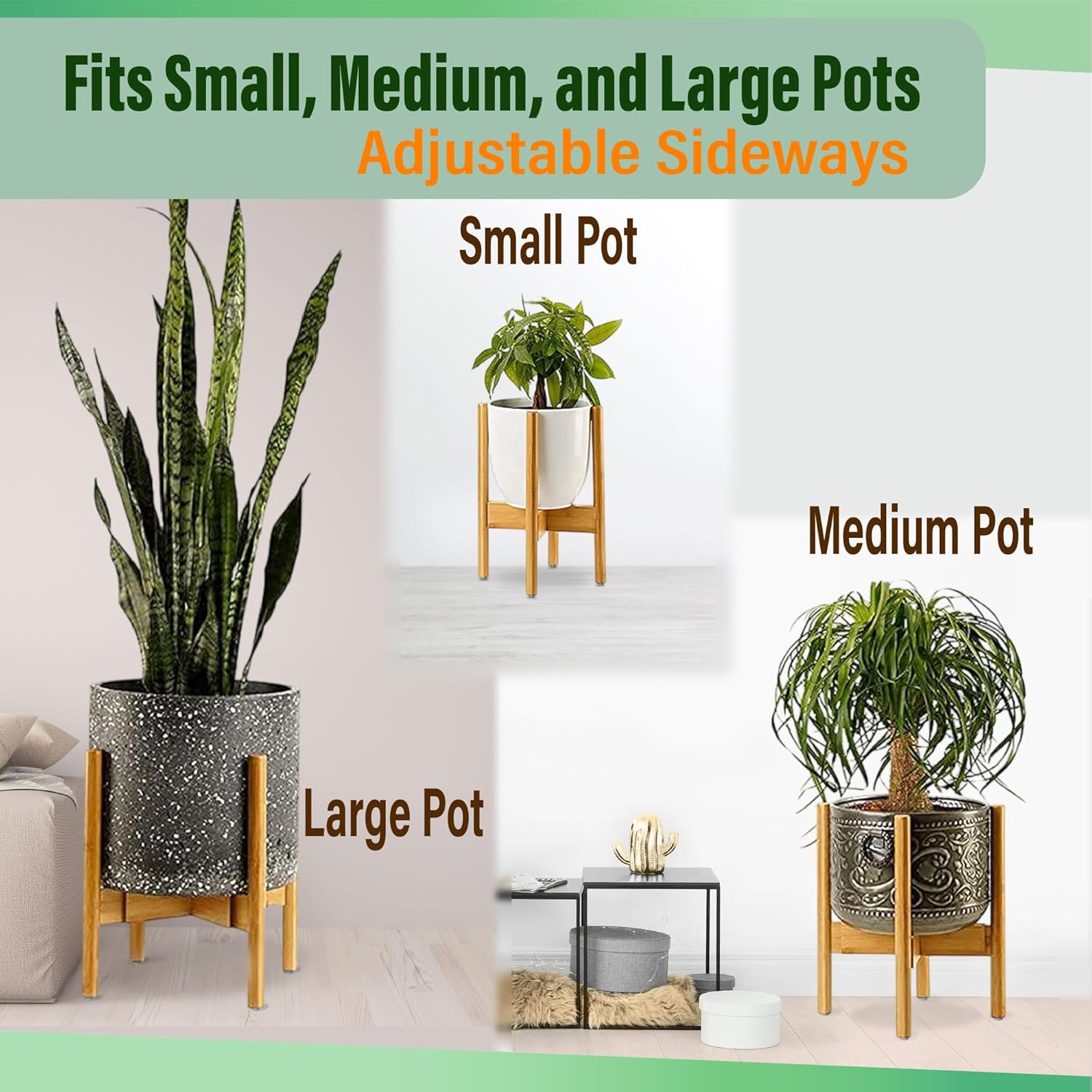 ZPirates Plant Stand for Indoor - Adjustable, Bamboo | Expandable Sideways to fit 8 10 or 12 Inch-wide Medium-to-Large