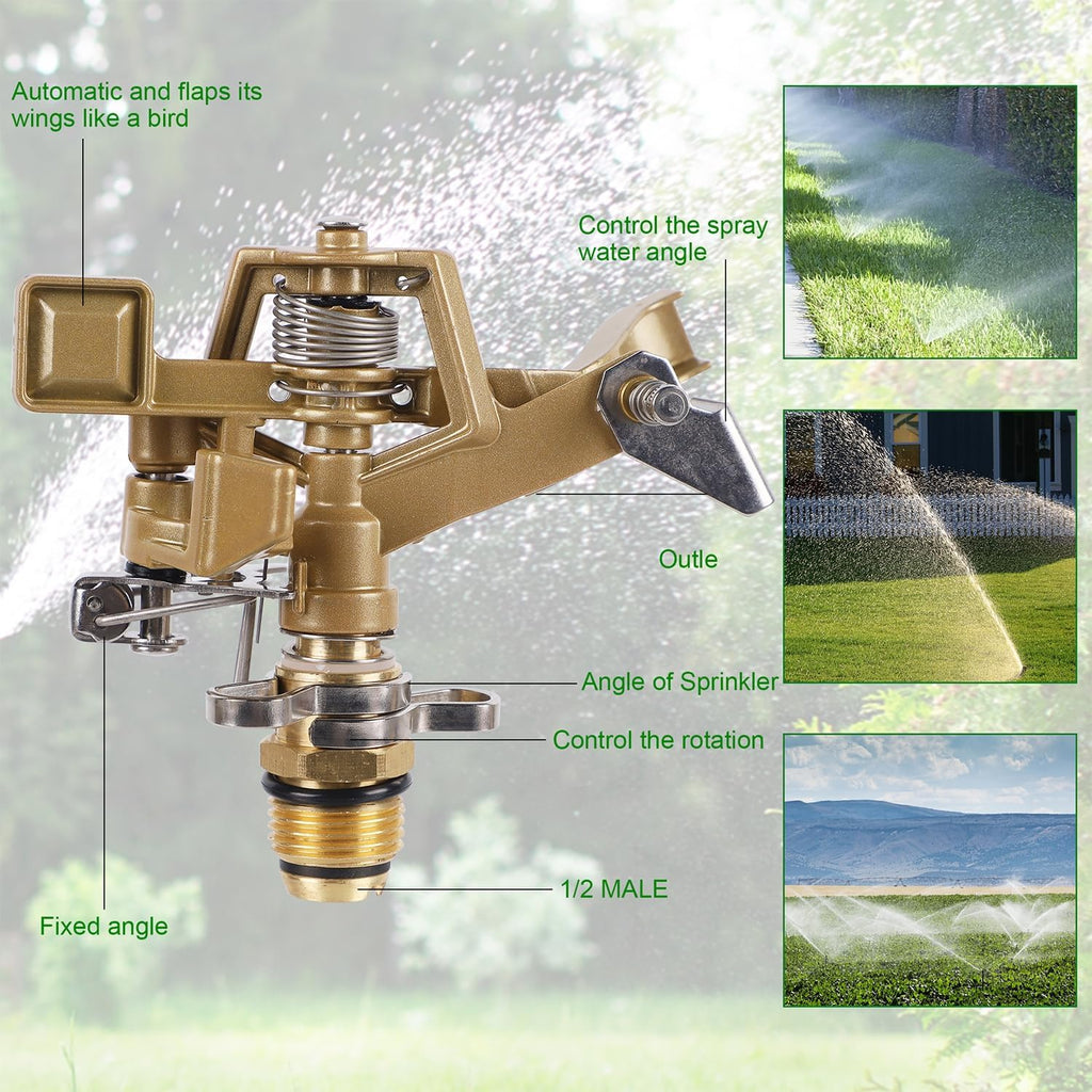 Biswing 1/2 Inch Impact Sprinkler 2 Pack, Heavy Duty Zinc Alloy Lawn Sprinkler Head with Nozzle, Adjustable 20-360