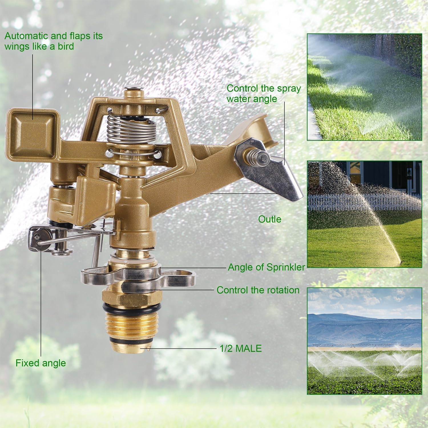Biswing 1/2 Inch Impact Sprinkler 2 Pack, Heavy Duty Zinc Alloy Lawn Sprinkler Head with Nozzle, Adjustable 20-360