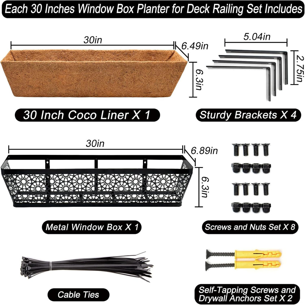 Halatool 30 Inch 4 Pack Large Railing Planter Box with Coco Liner | Rust Resistance, Sturdy Metal Window Balcony