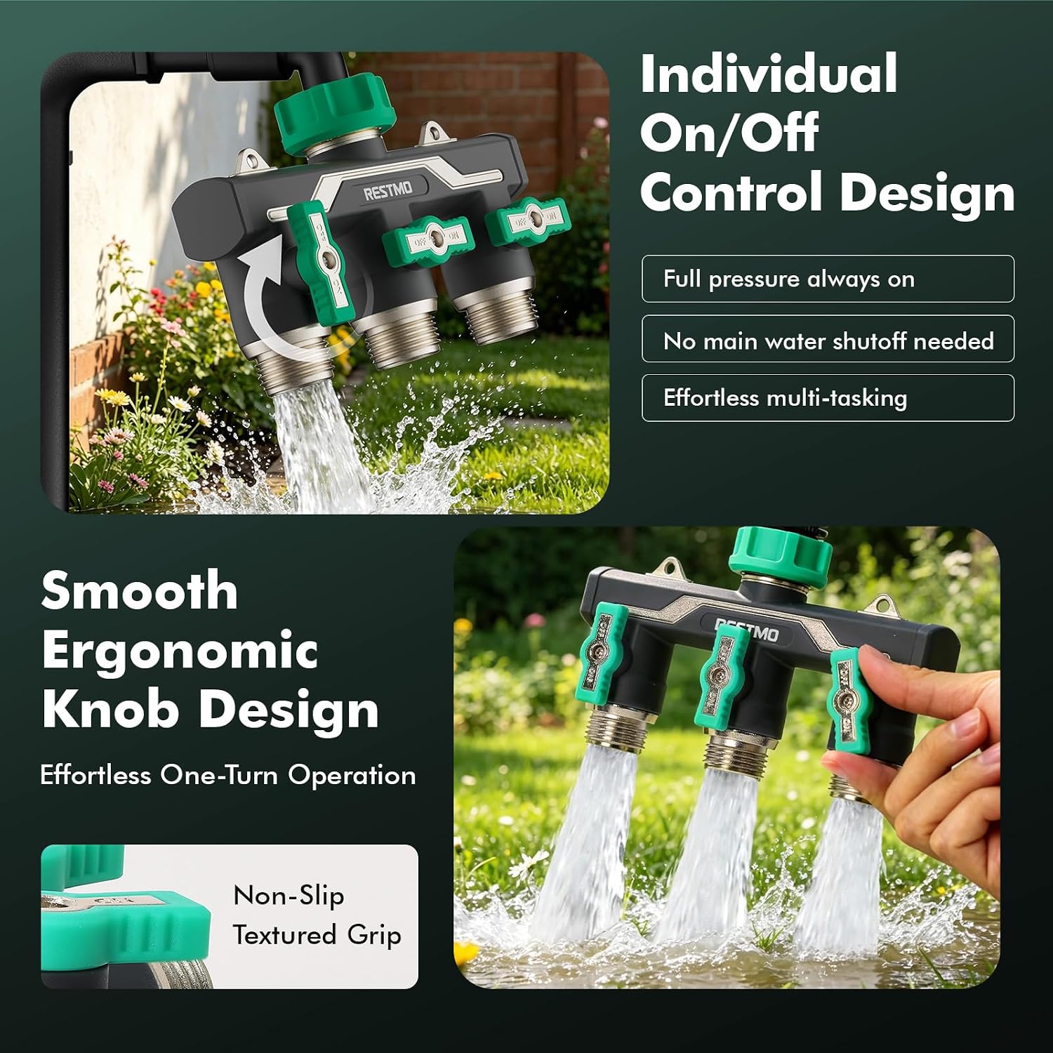 RESTMO Heavy Duty 3 Way Y Garden Hose Splitter Full Metal Body, Green | Full Flow Hose Splitter with Oversized Ball