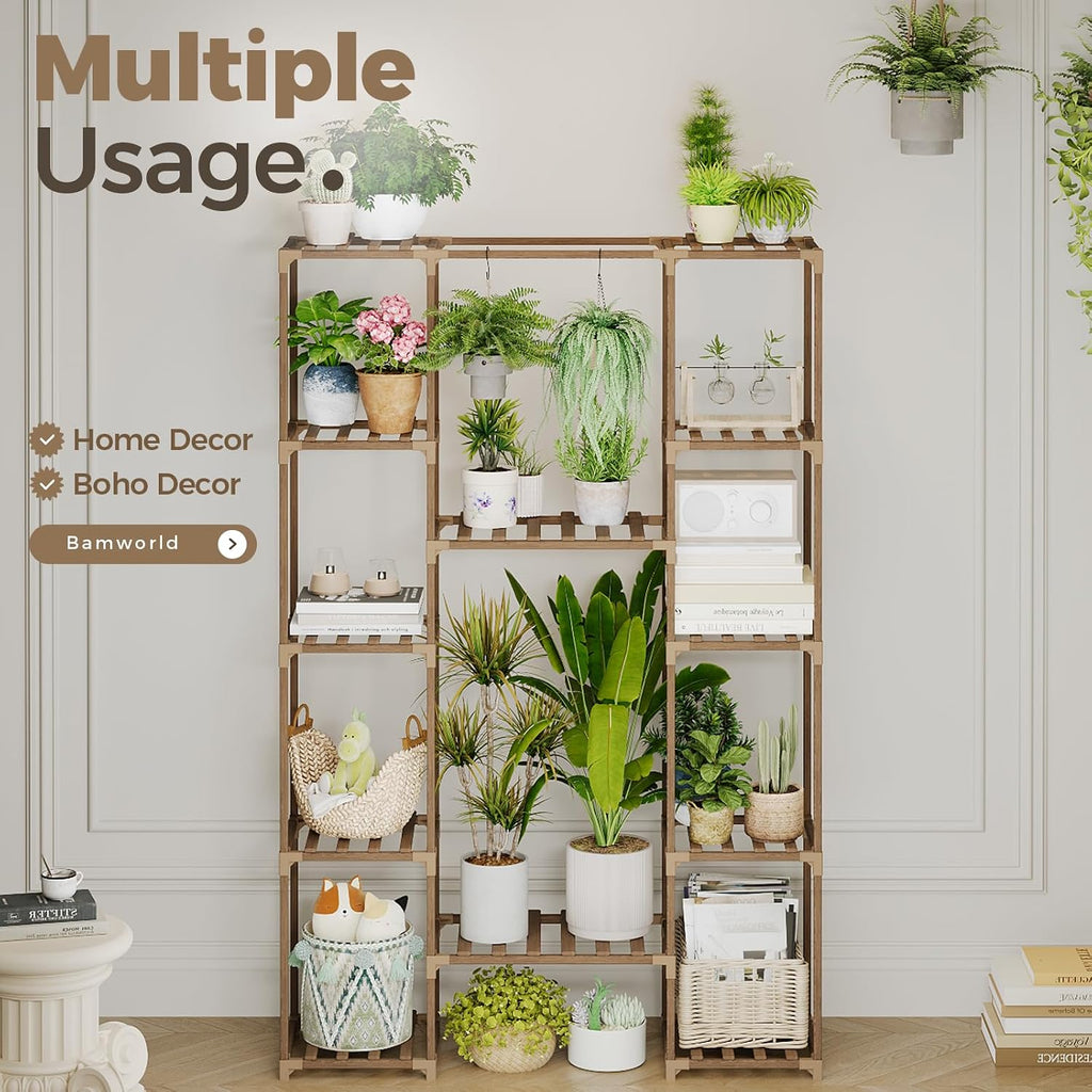 Bamworld 62.2'' Tall Plant Stand Indoor Large Plant Shelf for Multiple Plants Wood Flower Stand Outdoor Hanging Plant