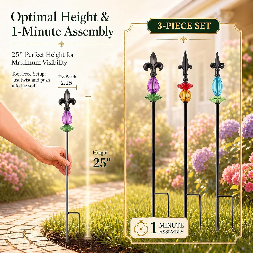 Tandefio 3 Pcs Decorative Garden Stakes Outdoor Metal Yard Decor 25" H Flower Bed Plant Pick Stick Art Ornament Decor