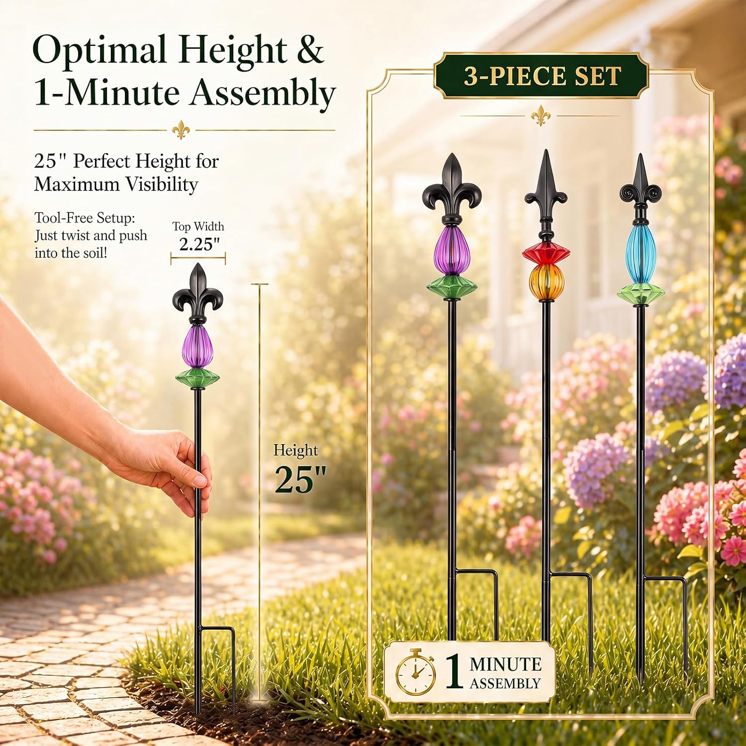 Tandefio 3 Pcs Decorative Garden Stakes Outdoor Metal Yard Decor 25" H Flower Bed Plant Pick Stick Art Ornament Decor