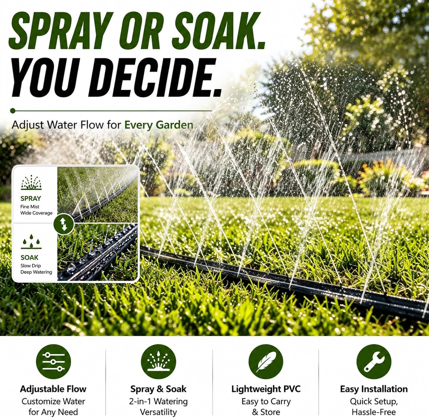 Sprinkler Hose with Holes, Flat Soaker Hose 100 Ft (25 ft 4pack) with Garden Staples and Splitters, Watering Drip