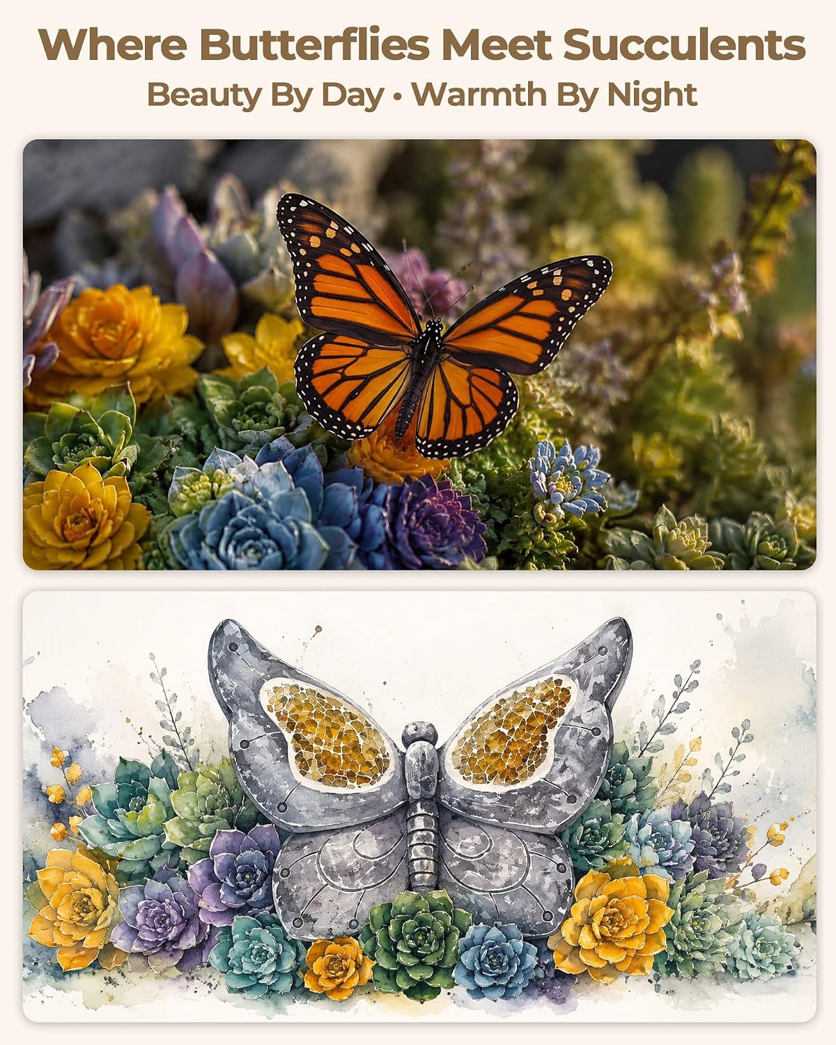 Solar Butterfly Garden Statue, Resin LED Outdoor Decor | Crackled Glass Wings, Succulent Base, Hand-Painted Detail